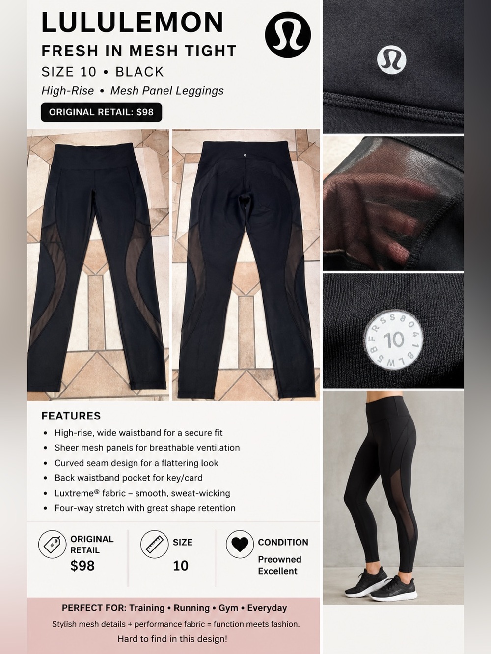 Lululemon Fresh In Mesh Tight Black Size 10 High Rise Mesh Leggings